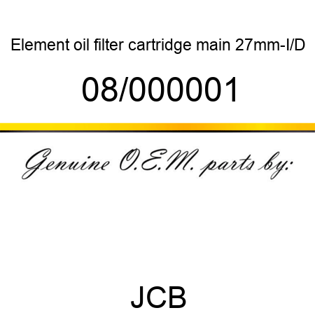Element, oil filter cartridge, main, 27mm-I/D 08/000001